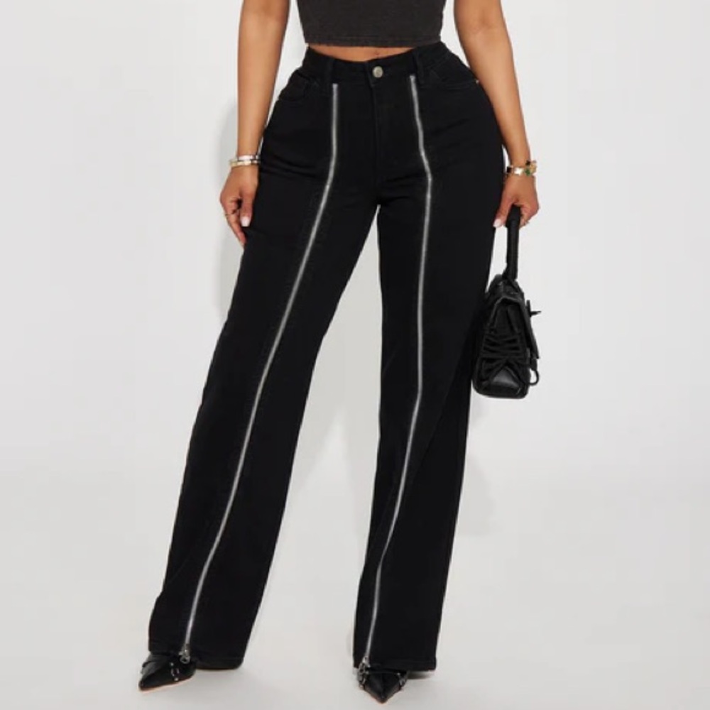 Black Pants with Exposed Silver Zipper Detail